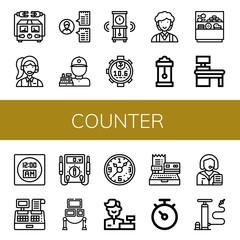 Set of counter icons such as Electric meter, Clerk, Cashier, Wall clock, Stopwatch, Counter, Cash register, Digital clock, Exhibition, Air pump , counter