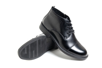 leather black men's shoes on a white background