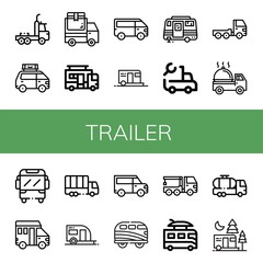Set of trailer icons such as Truck, Van, Delivery truck, Caravan, Camping, Trailer, Camper, Crane truck, Tank , trailer