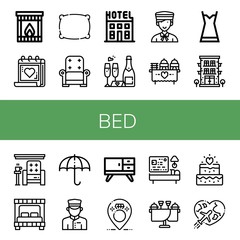Set of bed icons such as Fireplace, Medical appointment, Pillow, Armchair, Hotel, Wedding, Bellboy, Nightgown, Bed, Sun umbrella, Doorman, Furniture, Honeymoon , bed