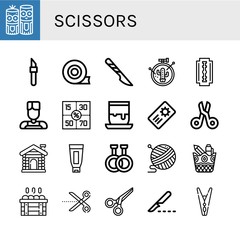 Set of scissors icons such as Model craft, Scalpel, Duct tape, Embroidery, Shaving razor, Barber, Coupons, Handicrafts, Coupon, Scissors, Sauna, Shaving cream, Rubber , scissors