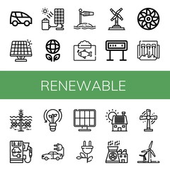 Set of renewable icons such as Electric car, Renewable energy, Solar cell, Ecology, Wind socket, Ecosystem, Wind turbine, Panel, Turbine, Hydro power, Tidal, Clean energy , renewable
