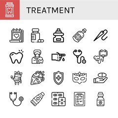 Set of treatment icons such as Medicine, Medical appointment, Dropper, Essential oil, Needle, Tooth, Dentist, Bandage, Stethoscope, Facial treatment, Artificial heart , treatment