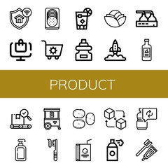Set of product icons such as Protection, Online order, Sausage, Shopping cart, Cuba libre, Dropper, Cabbage, Startup, Beer factory, Yogurt, Quality, Lotion, Ice cream cart , product