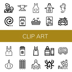 Set of clip art icons such as Table tennis, Mosquito coil, Anvil, Nachos, Apron, Constitution, Seahorse, Camper, Garlic, Jam, Grissini, Ph meter, Acari, Brothers , clip art