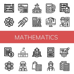 Set of mathematics icons such as Abacus, Nanotechnology, Calculator, School, Education, Architect, Physics, Mathematician, Mathematics , mathematics