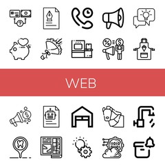 Set of web icons such as Payment method, Love, Document, Bouquet, Technical Support, Scanner, Megaphone, Share, Idea, Apron, Placeholder, Newspaper, Garage, Development , web