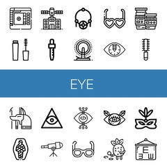 Set of eye icons such as Color picker, Mascara, Planetarium, Dropper, Amulet, London eye, Sunglasses, Eye, Lens, Hair brush, Anubis, Mummy, Freemasonry, Telescope, View ,