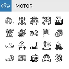 Set of motor icons such as Racing car, Caravan, Overheat, Camper van, Electric vehicle, Tramway, Engine, Turbo, Motorcycle, Race flag, Pickup truck, Ice cream truck, Scooter , motor