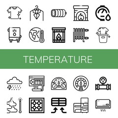 Set of temperature icons such as Laundry, Water heater, Global warming, Boiled, Fireplace, Heater, Storm, Dashboard, Stove, Air conditioner, Refrigerator, Manometer , temperature
