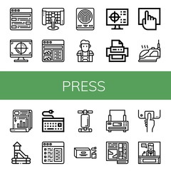 Set of press icons such as Article, Cmyk, Interactive, Fingerprint, Barista, Printer, Touchscreen, Iron, Newspaper, Slide, Keyboard, Abdominal bench, Tea bag, Fingerprint scan , press