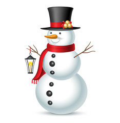 Snowman with hat and lantern isolated on white background. Vector illustration