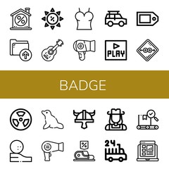 Set of badge icons such as Discount, Upload, Summer sale, Acoustic guitar, Top, Hair dryer, Off road, Play, Price tag, Condom, Radiation, Golf ball, Seal, Viking helmet , badge
