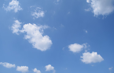 Naklejka na ściany i meble Bottom view of the blue sky and white clouds. Background, texture.