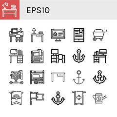 Set of eps10 icons such as Desk, Banner, Bookmark, Wheelbarrow, Anchor, Film camera, Watering can , eps10