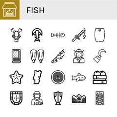 Set of fish icons such as Restaurant, Lobster, Fossil, Fishbone, Fishing rod, Bodyboard, Meatloaf, Fins, Fishing, Geisha, Hook, Starfish, Portugal, Spaghetti, Shark, Dumpling , fish