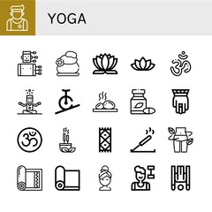 Set of yoga icons such as Athlete, Acupuncture, Lithotherapy, Lotus flower, Om, Yoga, Rope biking, Herbal, Hamsa, Incense, Carpet, Diet, Yoga mat, Relax, Fitness, Inversion therapy ,