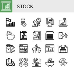 Set of stock icons such as Warehouse, Coins, Time is money, Accounting, Growth, Piggy bank, Analyst, Finance, Exchange, Money, Web analytics, Bar graph, Unloading, Dollar , stock