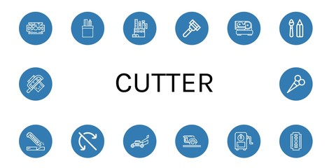 Set of cutter icons such as Razor blade, Stationery, Razor, Slicer, Paint tools, Cutter, Do not roll, Lawn mower, Circular saw, Sharpener, Shaving razor, Saw, Scissors , cutter