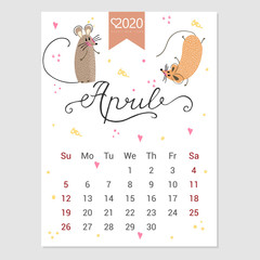 Calendar  April 2020. Cute monthly calendar with rat. Hand drawn style characters. Year of the rat..