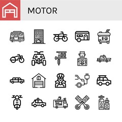Set of motor icons such as Garage, Caravan, Food delivery, Motocross, Electric generator, Motorcycle, All terrain, Tattoo machine, Tattoo artist, Taxi, Limousine, Biker , motor