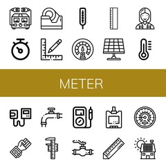 Set of meter icons such as Electric meter, Stopwatch, Tape, Ruler, Thermometer, Dashboard, Solar panel, Electrician, Sphygmomanometer, Blood pressure, Valve, Measuring , meter