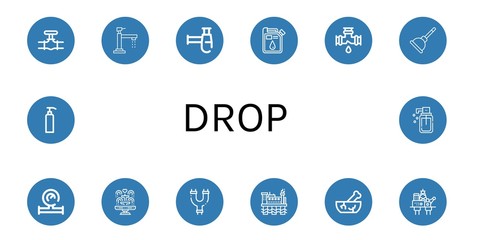 Set of drop icons such as Pipe, Faucet, Siphon, Oil, Leak, Plunger, Water meter, Fountain, Pipes, Oil rig, Mortar, Gel, Liquid soap , drop