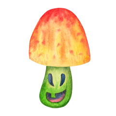 Watercolor illustration of an evil mushroom with a red hat and a green leg for Halloween on a white background