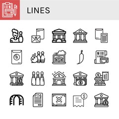 Set of lines icons such as Invoice, Bowling, Bank, Bowling pins, Hot pepper, Banking, Stairs, Viewfinder , lines