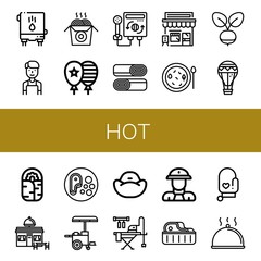 Set of hot icons such as Water heater, Barista, Noodles, Balloon, Heater, Shawarma, Cafe, Soup, Radish, Air balloon, Burrito, Restaurant, Steak, Hot dog, Bean bag, Ironing board , hot