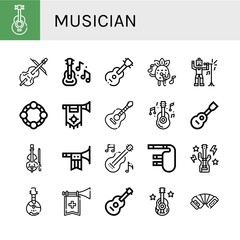 Set of musician icons such as Acoustic guitar, Cello, Guitar, Singing, Singer, Tambourine, Trumpet, Viola, Violin, Bagpipes, Bass guitar, Domra, Accordion , musician