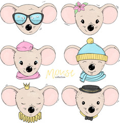 Set with cute mice. Mouse heads with different accessories.