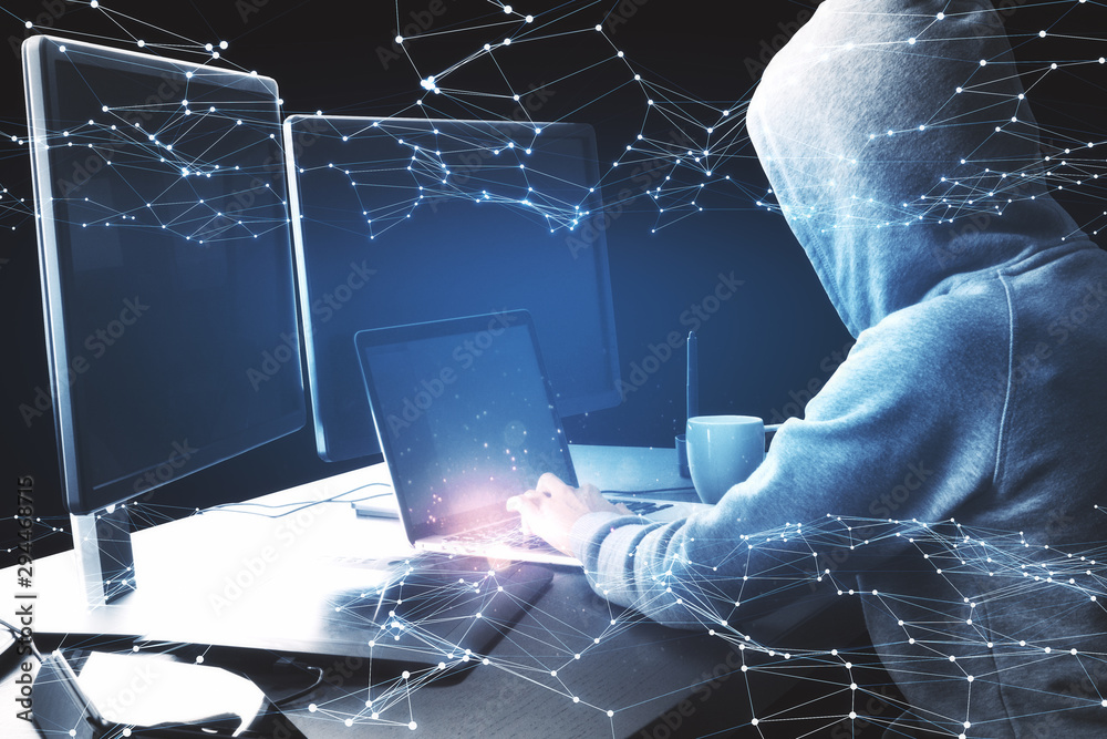 Poster Hacker using laptop with hologram