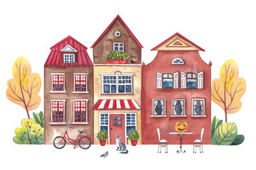 Watercolor illustration. Amsterdam houses in the fall.