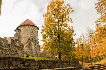 Autumn park with old castle ruins in Cesis town