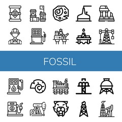 Set of fossil icons such as Oil tank, Archaeologist, Barrels, Fuel, Fossil, Oil rig, Storage tank, Oil platform, Ruined, Gas station, Nautilus, Petroleum, Saber toothed tiger , fossil