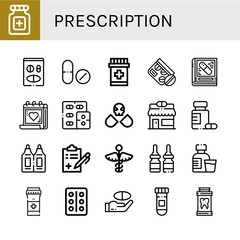 Set of prescription icons such as Pills, Medicine, Drug, Pharmacy, Medical appointment, Drugs, Suppositories, Medical report, Syrup, Blister pack , prescription