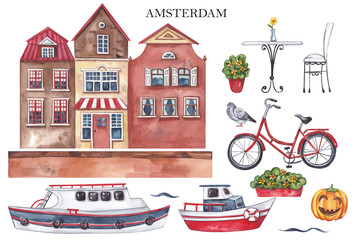 Watercolor illustration. A large set consisting of Amsterdam houses, a canal, tourist boats, a bicycle, a cat, potted plants, a table and chair, a pumpkin, a dove.