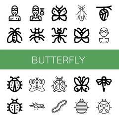 Set of butterfly icons such as Swimmer, Moth, Ant, Butterfly, Mantis, Stonefly, Cocoon, Ladybug, Grasshopper, Centipede, Woodlouse, Dragonfly , butterfly
