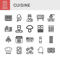 Set of cuisine icons such as Grater, Sushi roll, Oven mitt, Baker, Buffet, Noodles, Mutton, Chef, Mushroom, Onion rings, Shish kebab, Parsley, Salad, Pepper, Onion, Chef hat , cuisine