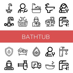 Set of bathtub icons such as Faucet, Plumber, Hot tub, Bathtub, Bidet, Jacuzzi, Drop, Siphon, Baby tub , bathtub