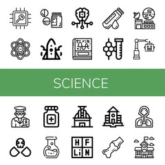 Set of science icons such as Chip, Physics, Drugs, Rocket, Artificial intelligence, Calculus, Blood sample, Chemistry, Satellite, Robot, Professor, Pills, Observatory , science