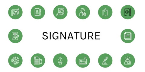 Set of signature icons such as Note, Notes, Contract, Lawyer, Fountain pen, Musical notes, Writing, Pen tool, Cheque, Write, Writer, Agreement , signature
