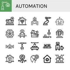 Set of automation icons such as Robot, Smart home, Domotics, Industrial robot, Artificial intelligence, Autonomous car, Conveyor, Robotics, Robot arm, AI, House automation , automation