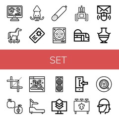 Set of set icons such as Home, Trojan horse, Squid, Coupon, Smoked sausage, Pachinko, Robot, Subway, Email, Greek vase, Crop, Apple, Ebook, Fitness, Donut, Layers, Login , set