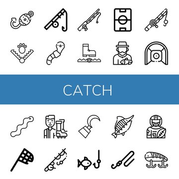 Set of catch icons such as Fish hook, Trap, Fishing rod, Worm, Football field, Fisherman, Net, Butterfly net, Football player, Fishing, Hook, Marlin, American football player , catch