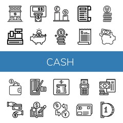 Set of cash icons such as Bank, Cash register, Atm, Piggy bank, Exchange, Dollar coins, Receipt, Bill, Coin, Wallet, Cash back, Sign, Economy, Credit card, Insert coin ,