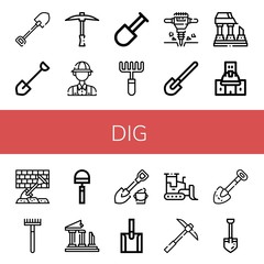Set of dig icons such as Shovel, Pickaxe, Archaeologist, Rake, Jackhammer, Ruined, Under construction, Hoe, Ruins, Bulldozer , dig