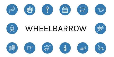 Set of wheelbarrow icons such as Watering can, Hoe, Potting soil, Wheelbarrow, Construction site, Weeder, Lawn mower, Gardener, Construction , wheelbarrow