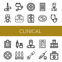Set of clinical icons such as Needle, Nurse, Stethoscope, First aid kit, Red cross, Medical record, Sample, Surgery lamp, Syringe, Pipette, Diagnosis, Shots , clinical